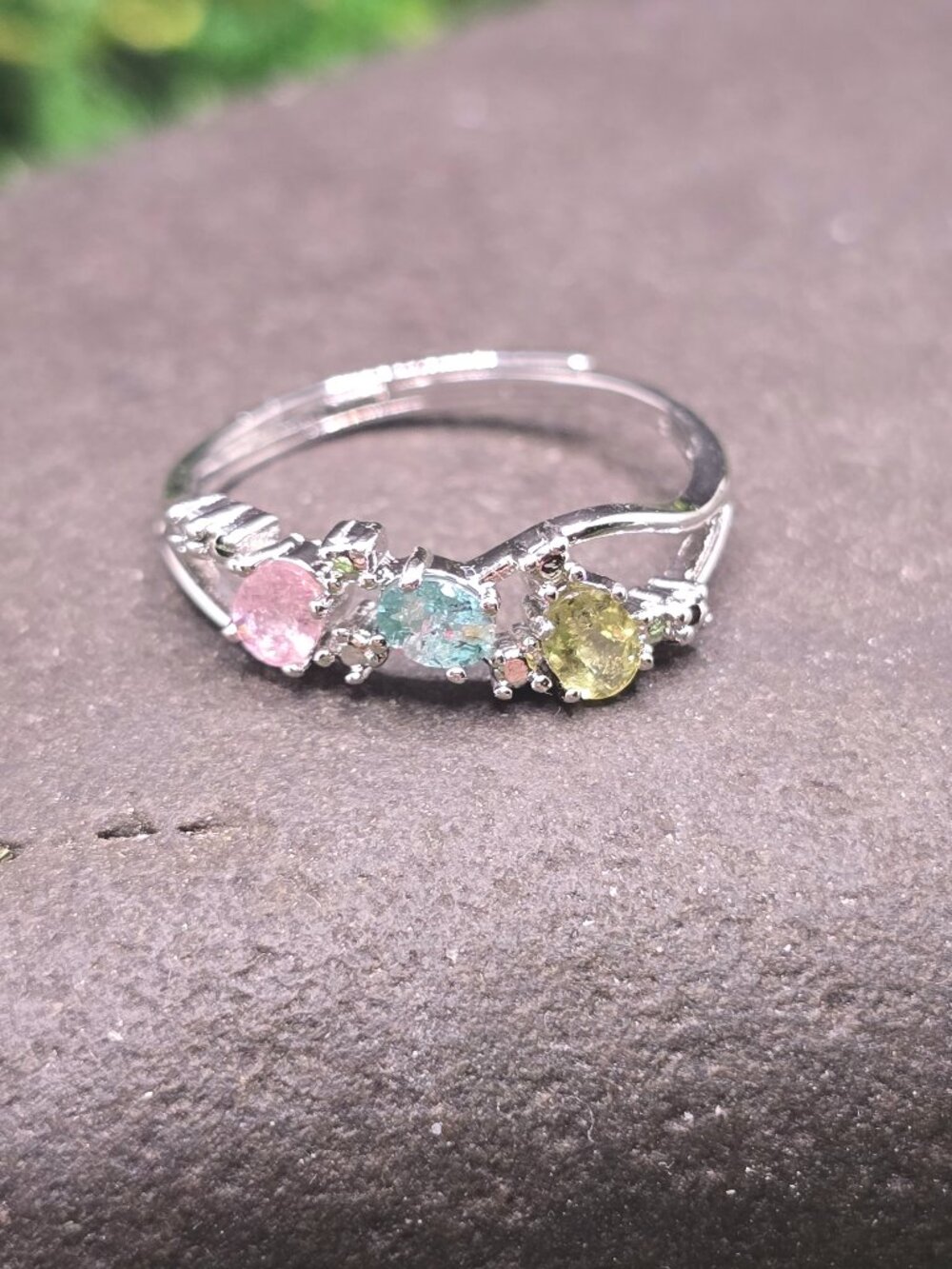 Watermelon Tourmaline Adjustable Ring Size 6-10 Silver Tone Jewelry